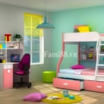 Giường Tomy 3 tầng trắng hồng có giá sách